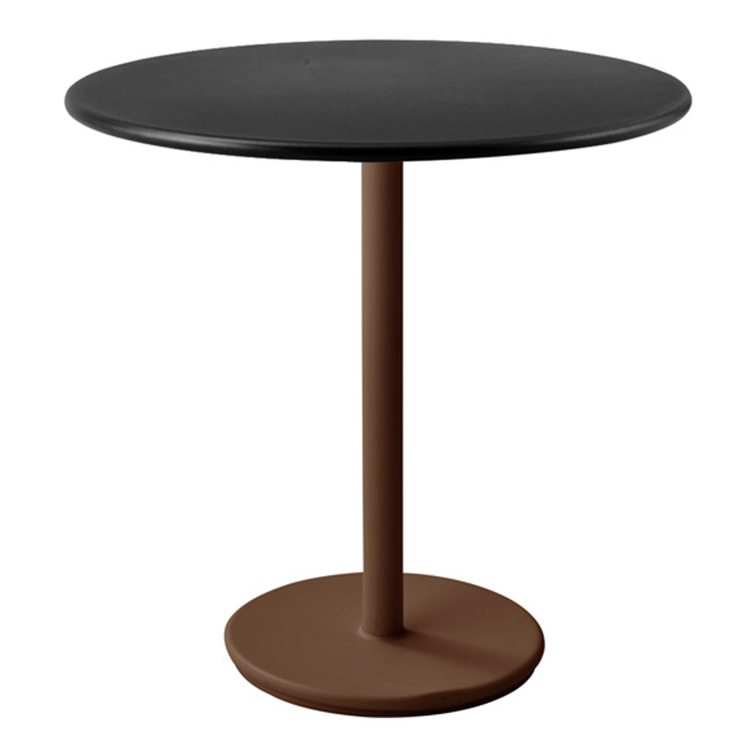 Round table with a sleek black top and a modern brown base, featuring a minimalist design and soft curves.