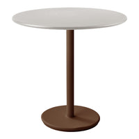 Round table with a white top and a brown base, featuring a smooth, minimalist design. Ideal for modern decor.