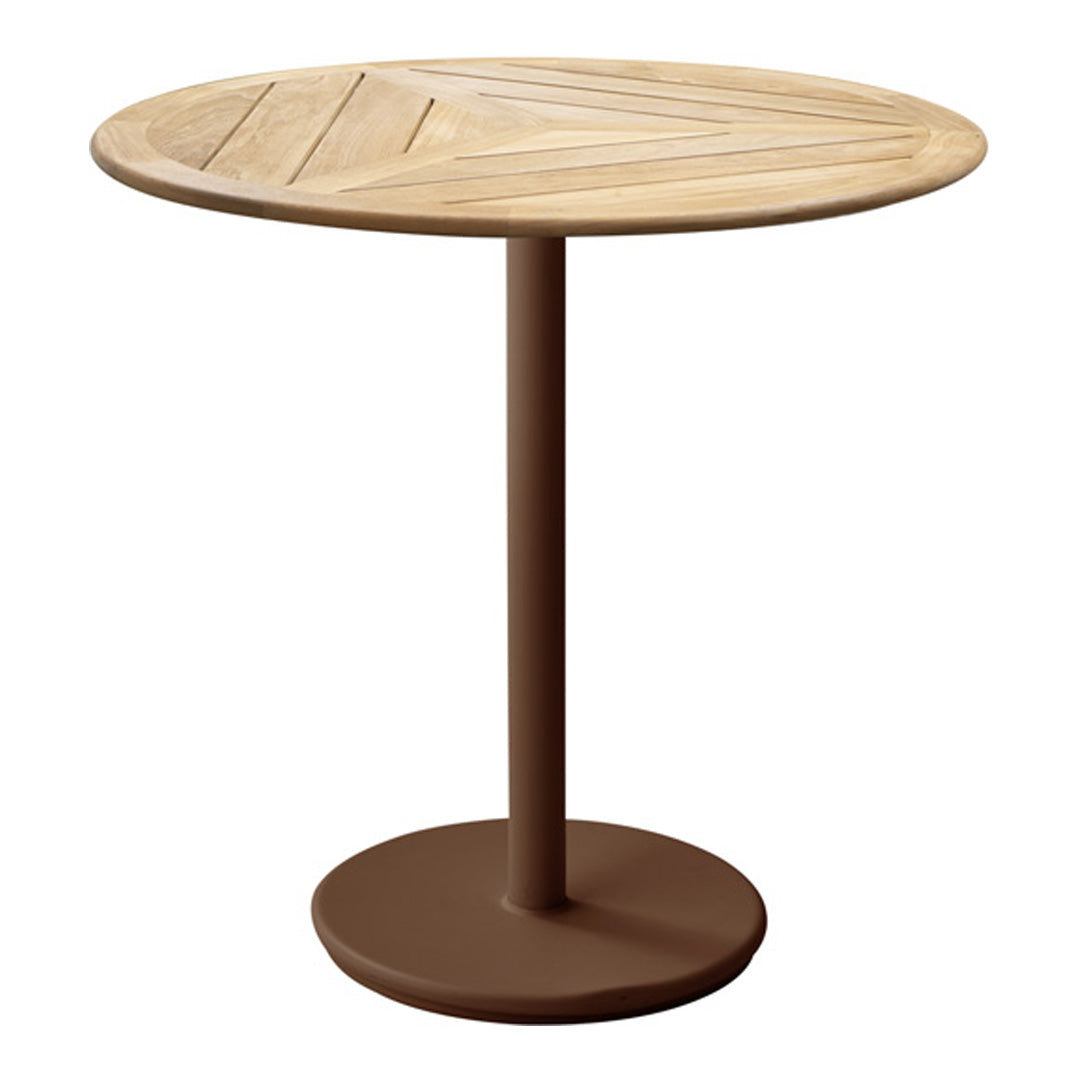Round table with a natural wood top featuring diagonal patterns and a solid brown metal base. Perfect for any decor.