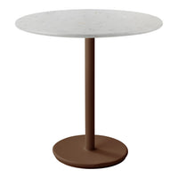 Round table with a white speckled top and a brown metal base, offering a modern, minimalist design.