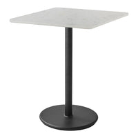Square white tabletop with subtle speckled pattern, supported by a sleek black metal base and stand.