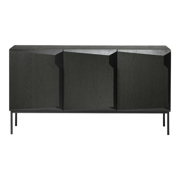 Stylish black sideboard with a sleek, geometric design and textured wood finish, featuring three angled doors.