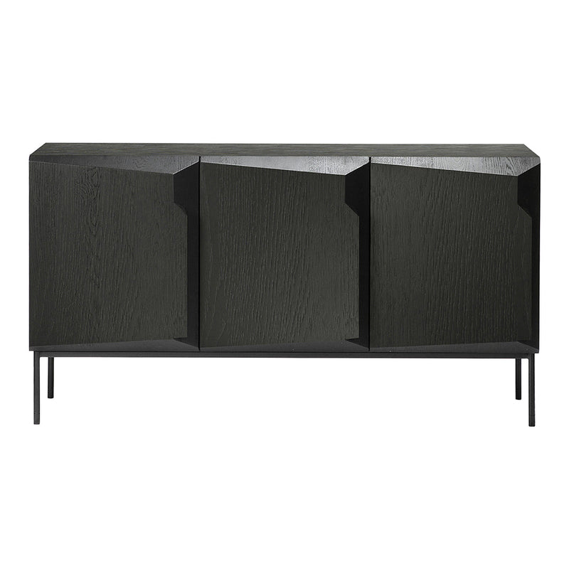 Stylish black sideboard with a sleek, geometric design and textured wood finish, featuring three angled doors.
