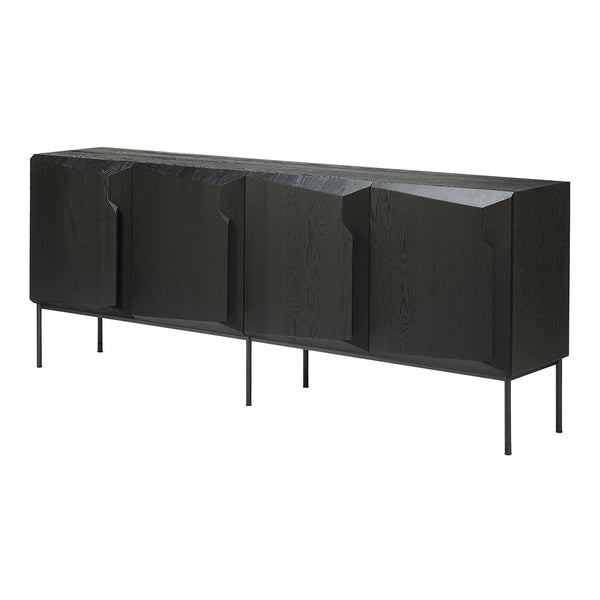 Stylish black sideboard with a textured surface, featuring an angular design and sleek metal legs. Perfect for modern decor.