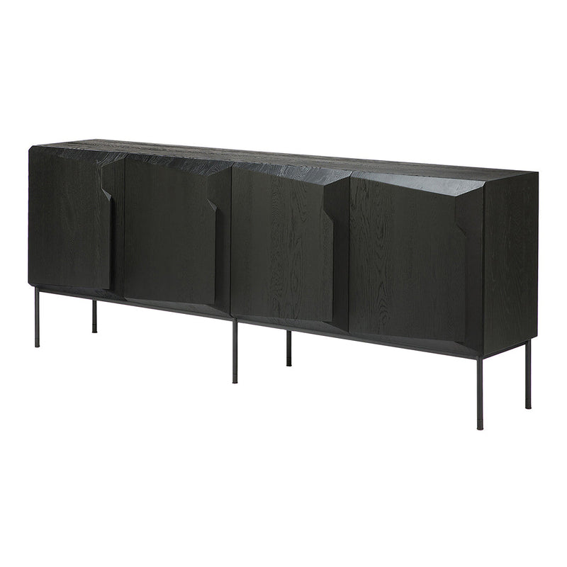 Stylish black sideboard with a textured surface, featuring an angular design and sleek metal legs. Perfect for modern decor.