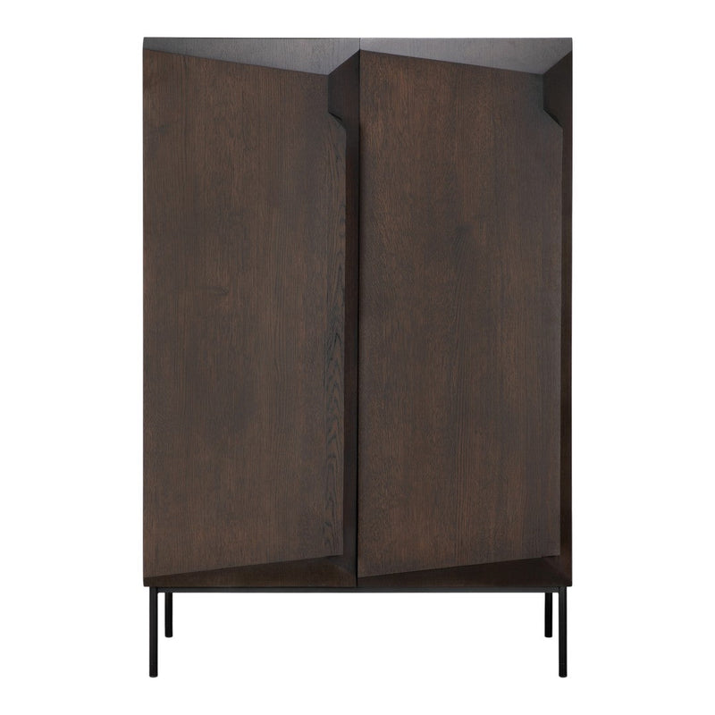 Dark brown wooden cabinet with sleek, modern geometric shapes and a matte finish, set on minimalistic black legs.