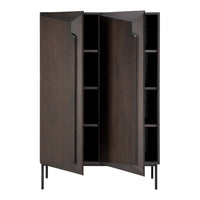 Dark brown wooden cabinet with sleek black metal legs and minimalist design, featuring smooth, contemporary lines.