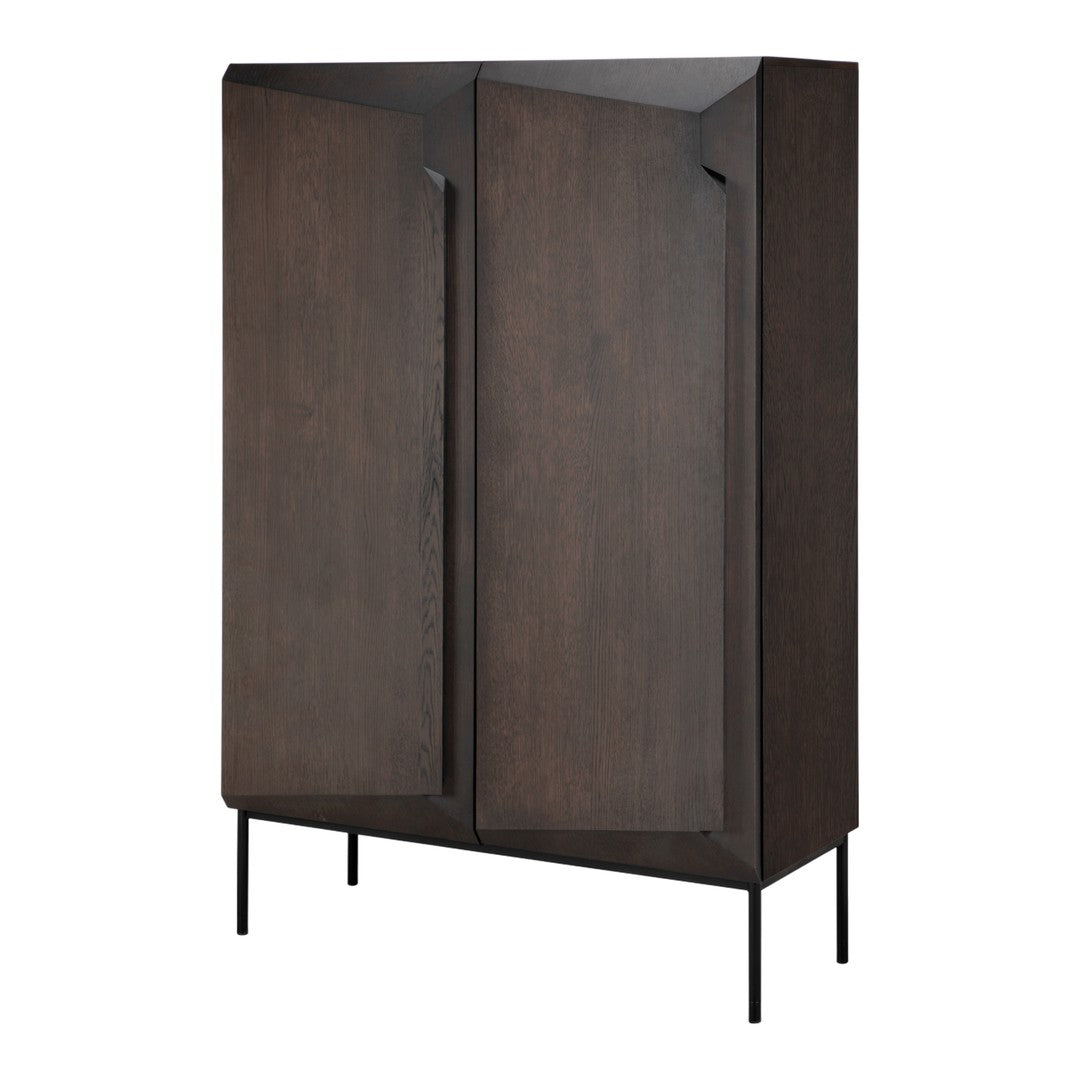 Dark wood cabinet with a sleek design, featuring a rich brown hue and minimalistic geometric patterns.