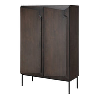 Dark wood cabinet with a sleek design, featuring a rich brown hue and minimalistic geometric patterns.