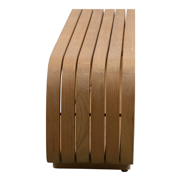Light walnut wood bench with smooth, curved slats and a natural finish, showcasing a minimalist and modern design.