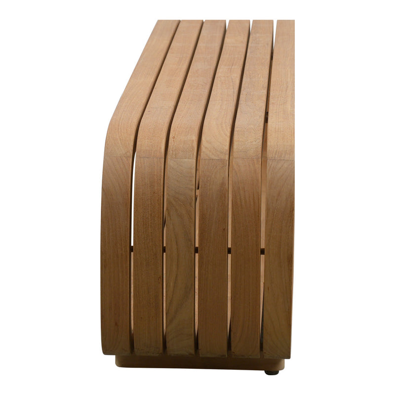 Light walnut wood bench with smooth, curved slats and a natural finish, showcasing a minimalist and modern design.