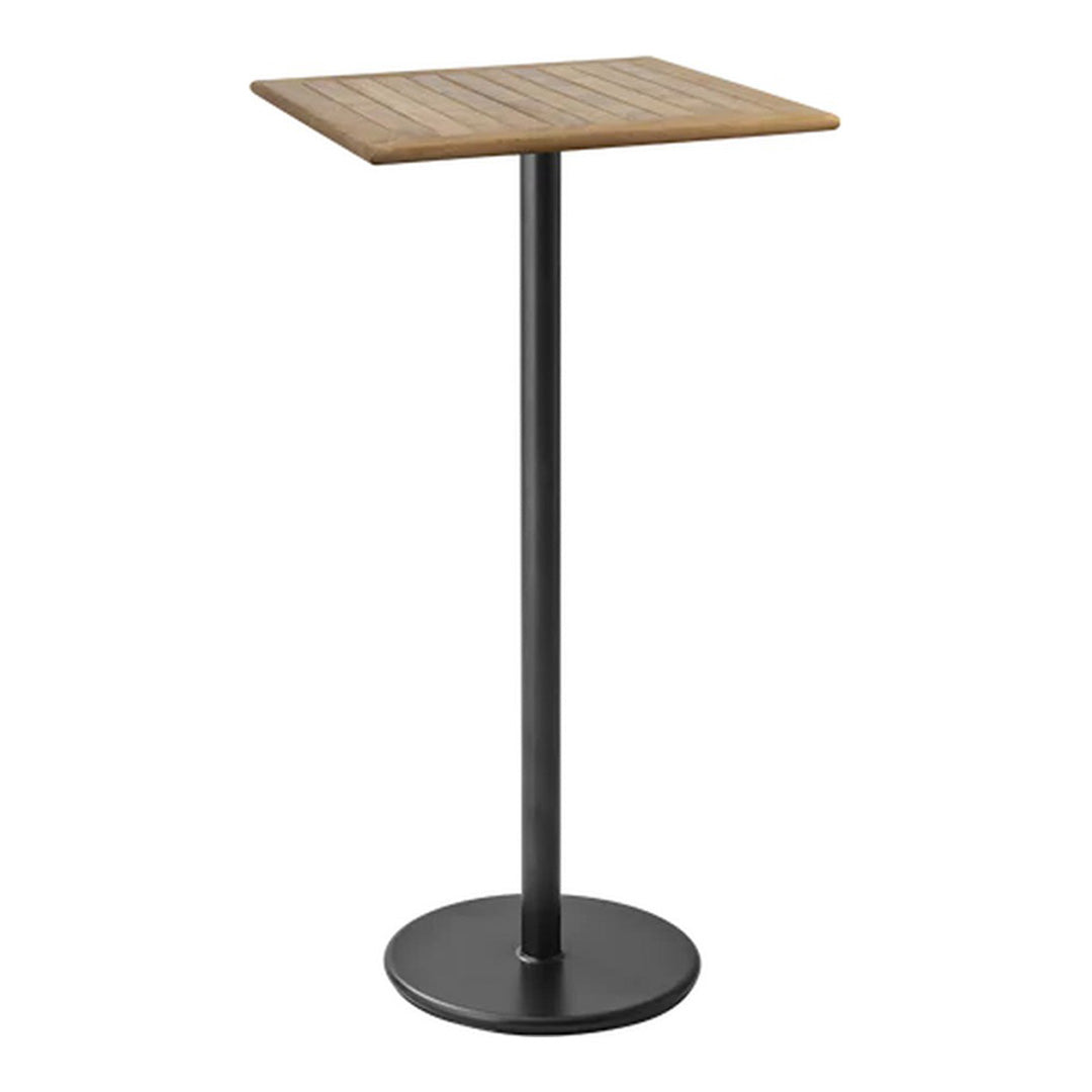 Brown wooden tabletop with slatted texture, black metal base and pole, modern design for versatile use.