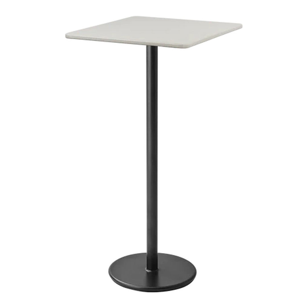 White square top with a sleek black metal base; modern minimalist design for any decor.