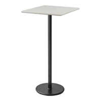 White square top with a sleek black metal base; modern minimalist design for any decor.