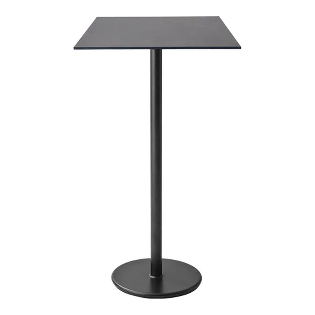 Black metal bar table with a simple, sleek square top and round base design. Ideal for modern decor.