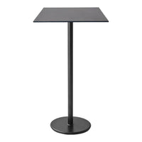 Black metal bar table with a simple, sleek square top and round base design. Ideal for modern decor.