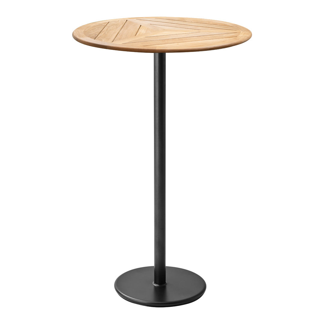 Round wooden table with a light oak herringbone pattern top and sleek black metal base. Perfect for modern decor.