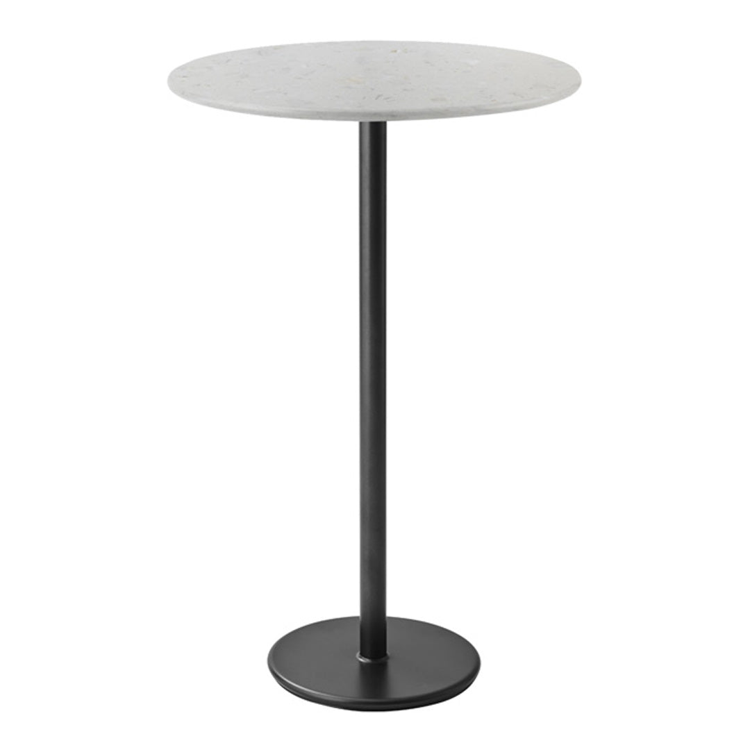 Round gray marble tabletop on a sleek black metal base, minimalist design for modern decor.
