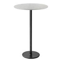 Round gray marble tabletop on a sleek black metal base, minimalist design for modern decor.