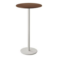 Minimalist round table featuring a brown top and sleek white base, perfect for modern interiors.