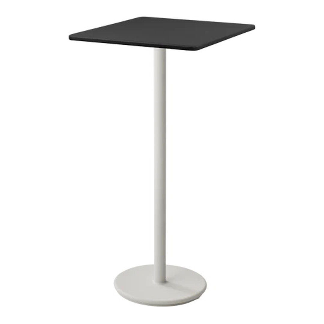 Black square tabletop on a sleek white base, modern minimalist design. Perfect for dining or casual use.