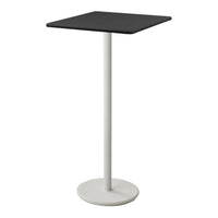 Black square tabletop on a sleek white base, modern minimalist design. Perfect for dining or casual use.