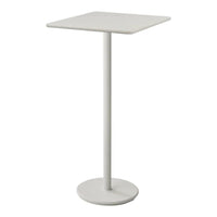 Minimalist white square side table with a sleek, smooth finish and a sturdy round base. Ideal for modern decor.