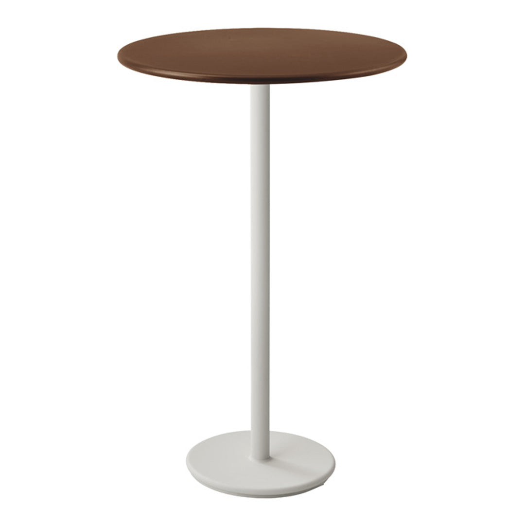Round table with a rich brown top and a sleek white pedestal base, perfect for modern decor.