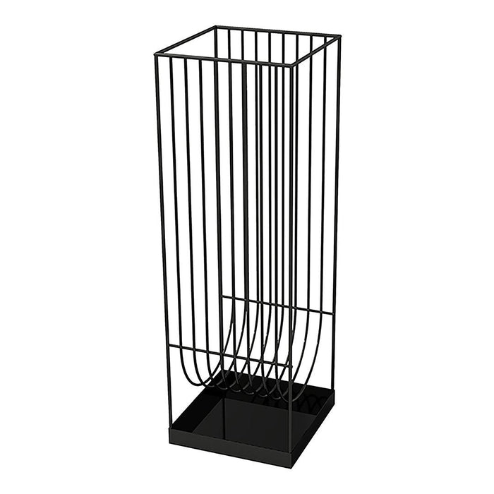 Black metal wire vase with vertical lines and a square base design. Minimalist and modern aesthetic.