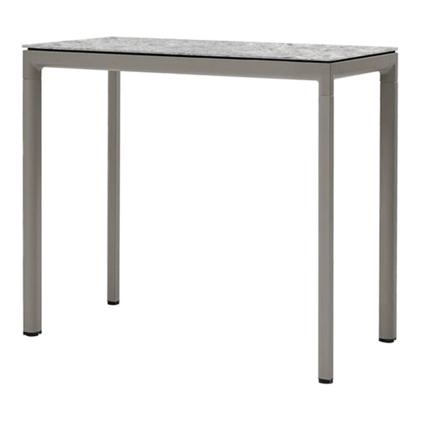 Gray marble top with sleek gray metal legs, featuring a modern and minimalist design. Perfect for any décor.