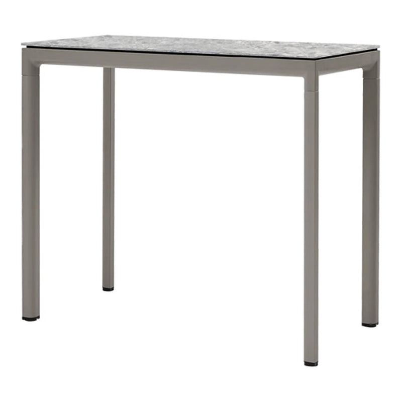 Gray marble top with sleek gray metal legs, featuring a modern and minimalist design. Perfect for any décor.
