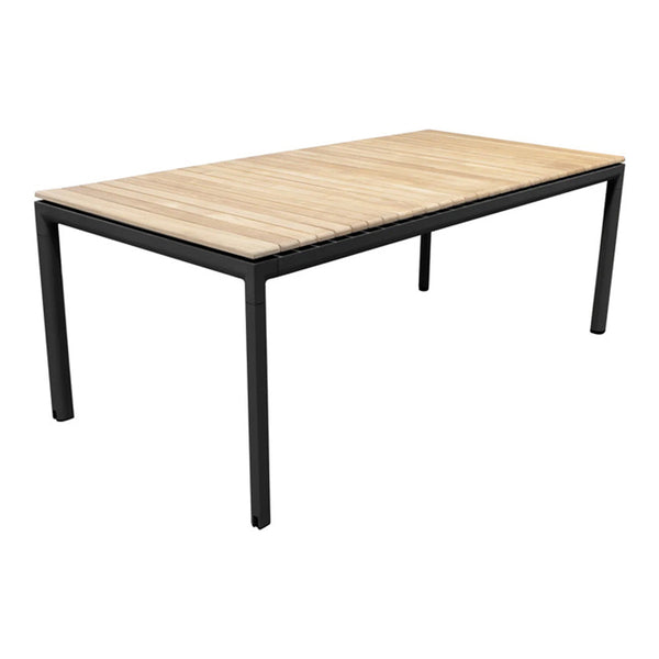Wooden slat tabletop in light beige with sleek black metal legs, perfect for modern outdoor dining.