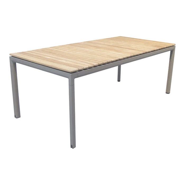 Light wood slats with a natural finish atop a sleek gray metal frame, creating a modern and stylish look.