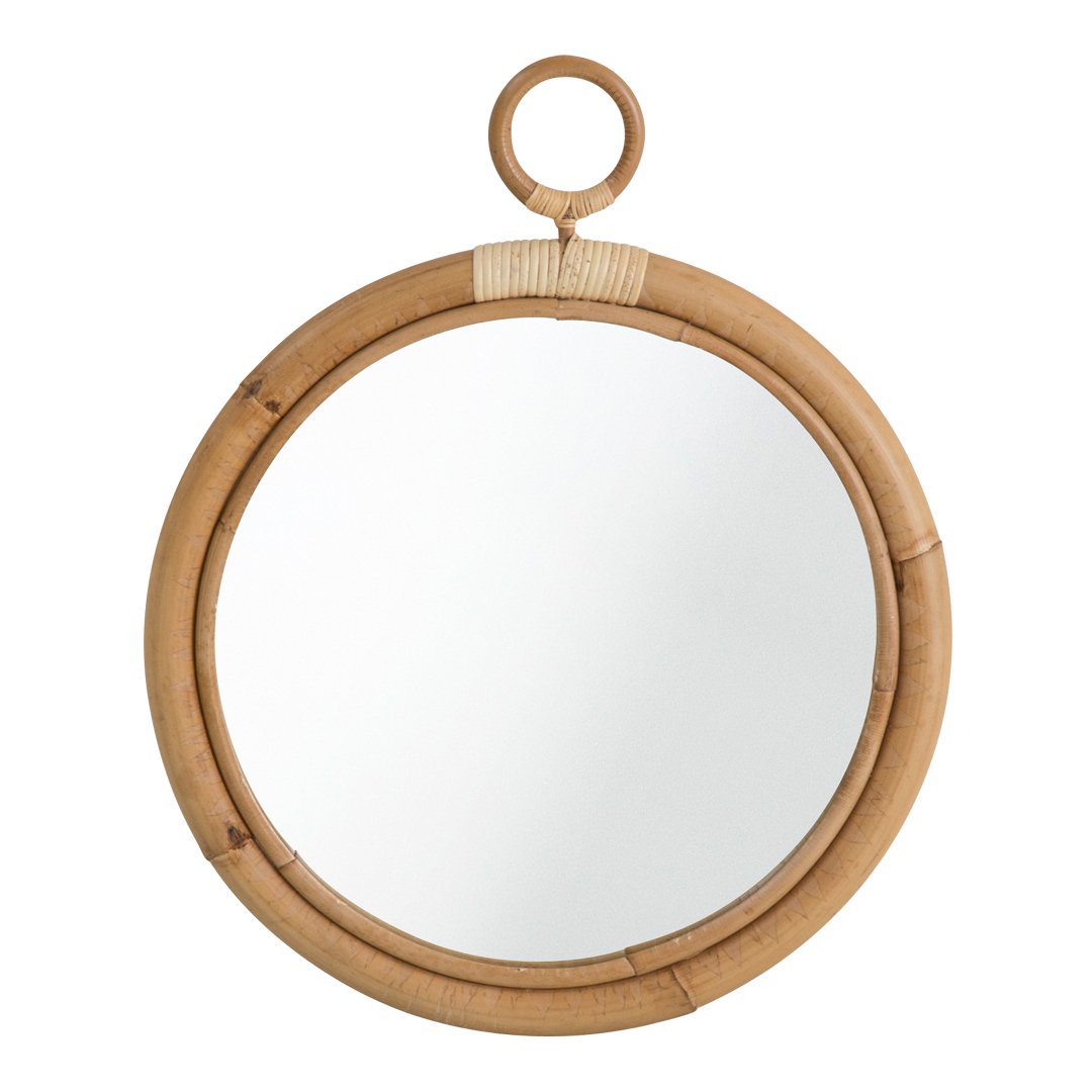 Natural bamboo circular mirror with a simple, elegant design and light tan tones. Perfect for modern decor.