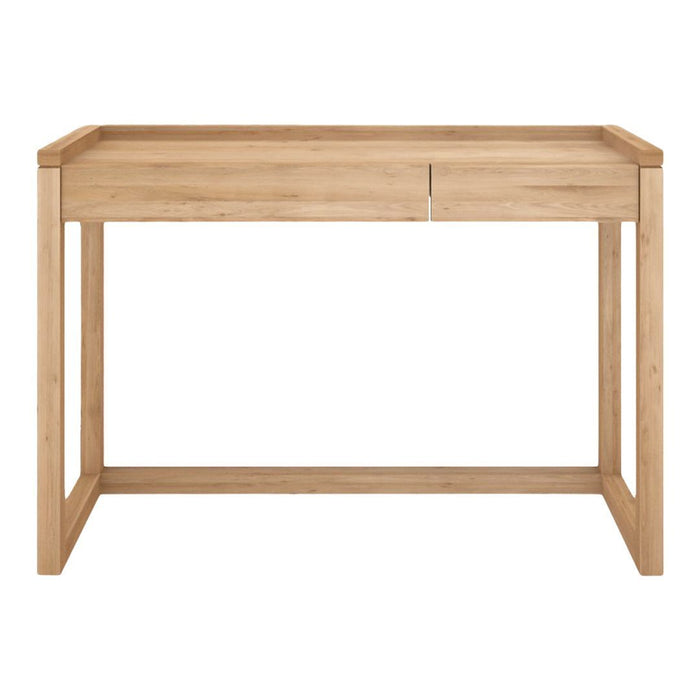 Natural wood desk in light oak finish with a smooth, minimalist design and subtle grain patterns.