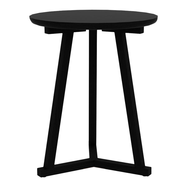 "Modern black round accent table with sleek geometric legs and a smooth finish, perfect for contemporary decor."