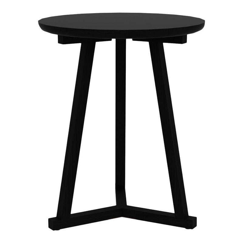 "Modern black round accent table with sleek geometric legs and a smooth finish, perfect for contemporary decor."
