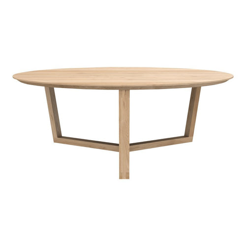 Light wooden round table with smooth, natural grain surface and minimalist geometric base. Perfect for modern decor.