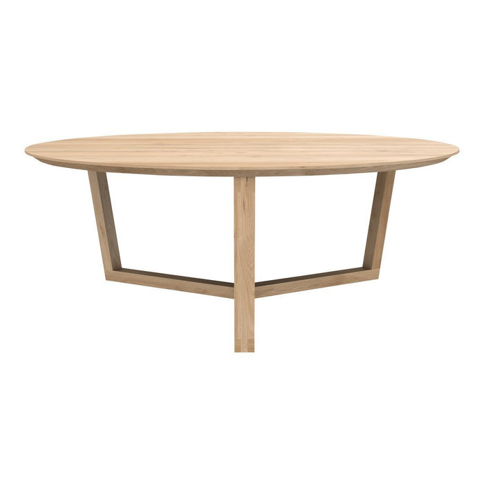 Light wooden round table with smooth, natural grain surface and minimalist geometric base. Perfect for modern decor.