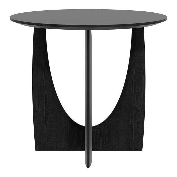 Black circular table with a sleek, minimalist design and curved, open-style legs. Perfect for modern decor.