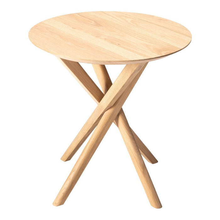 Light wood round table with a natural finish and minimalist crossed leg design. Ideal for modern decor.