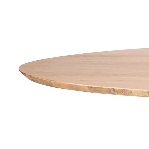 Natural wood tabletop with a smooth, light oak finish and a rounded edge, showcasing subtle grain patterns.