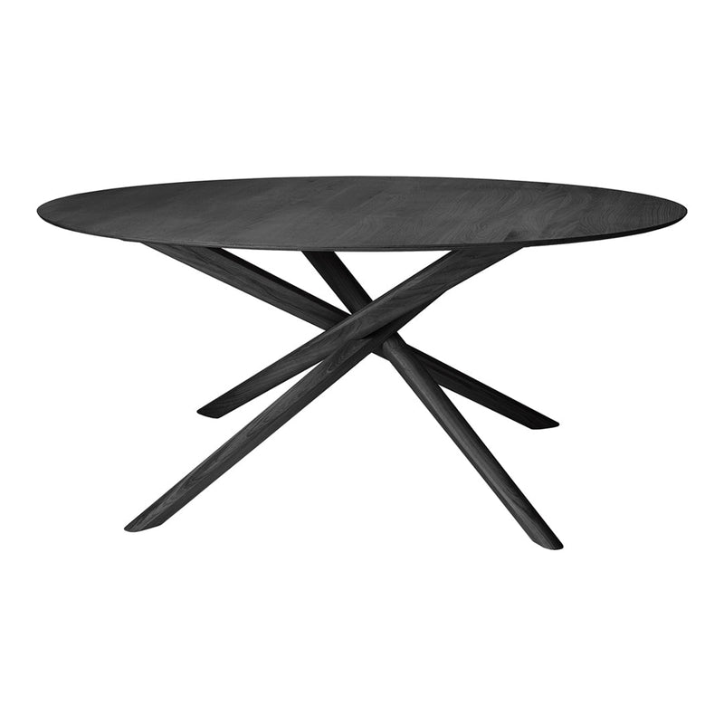Round black dining table with a sleek, minimalist design and unique angled base for modern interiors.