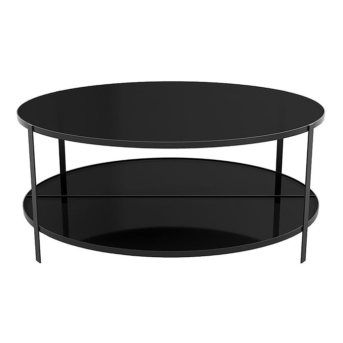 Black oval coffee table with a sleek glass top and lower shelf, featuring minimalist metal frame in black.