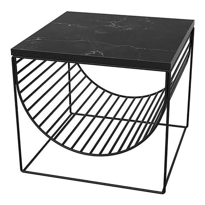 Black marble tabletop with white veining, paired with a geometric black metal base featuring striped patterns.