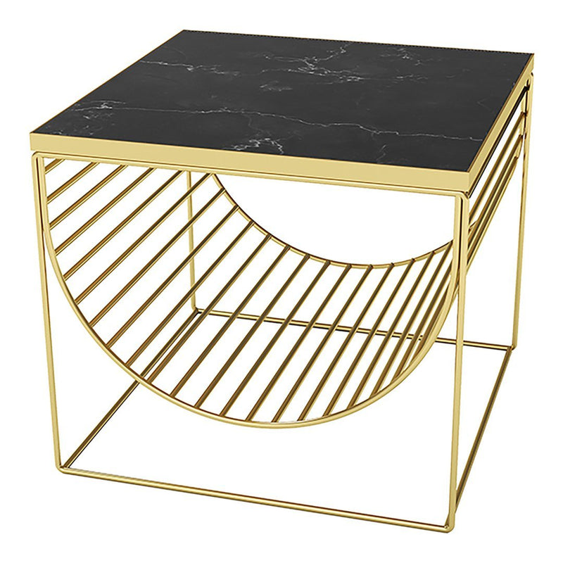 Black marble top with white veining and a gold geometric metal frame. Modern design for stylish decor.