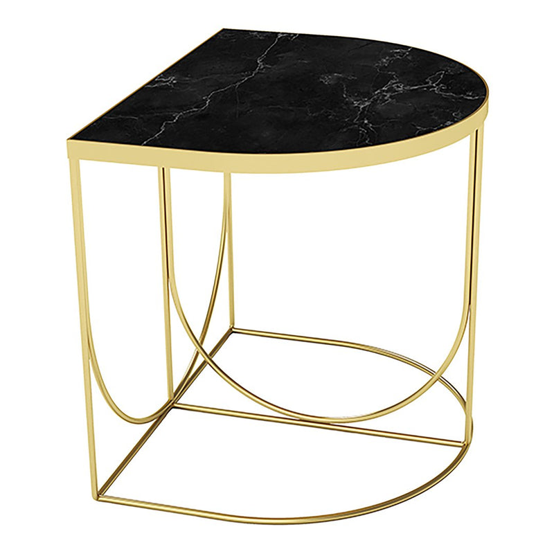 Black marble top side table with a sleek gold metal frame, featuring elegant curves and a modern design.