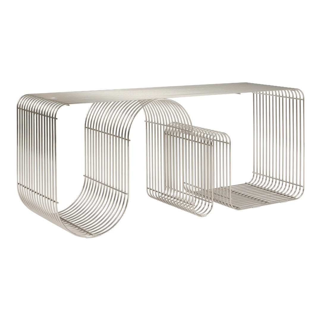 Stylish metallic silver console table with a unique curved wire design and open patterns for modern decor.