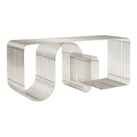 Stylish metallic silver console table with a unique curved wire design and open patterns for modern decor.