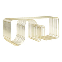Gold metal console table with a modern, geometric design featuring sleek, striped patterns.